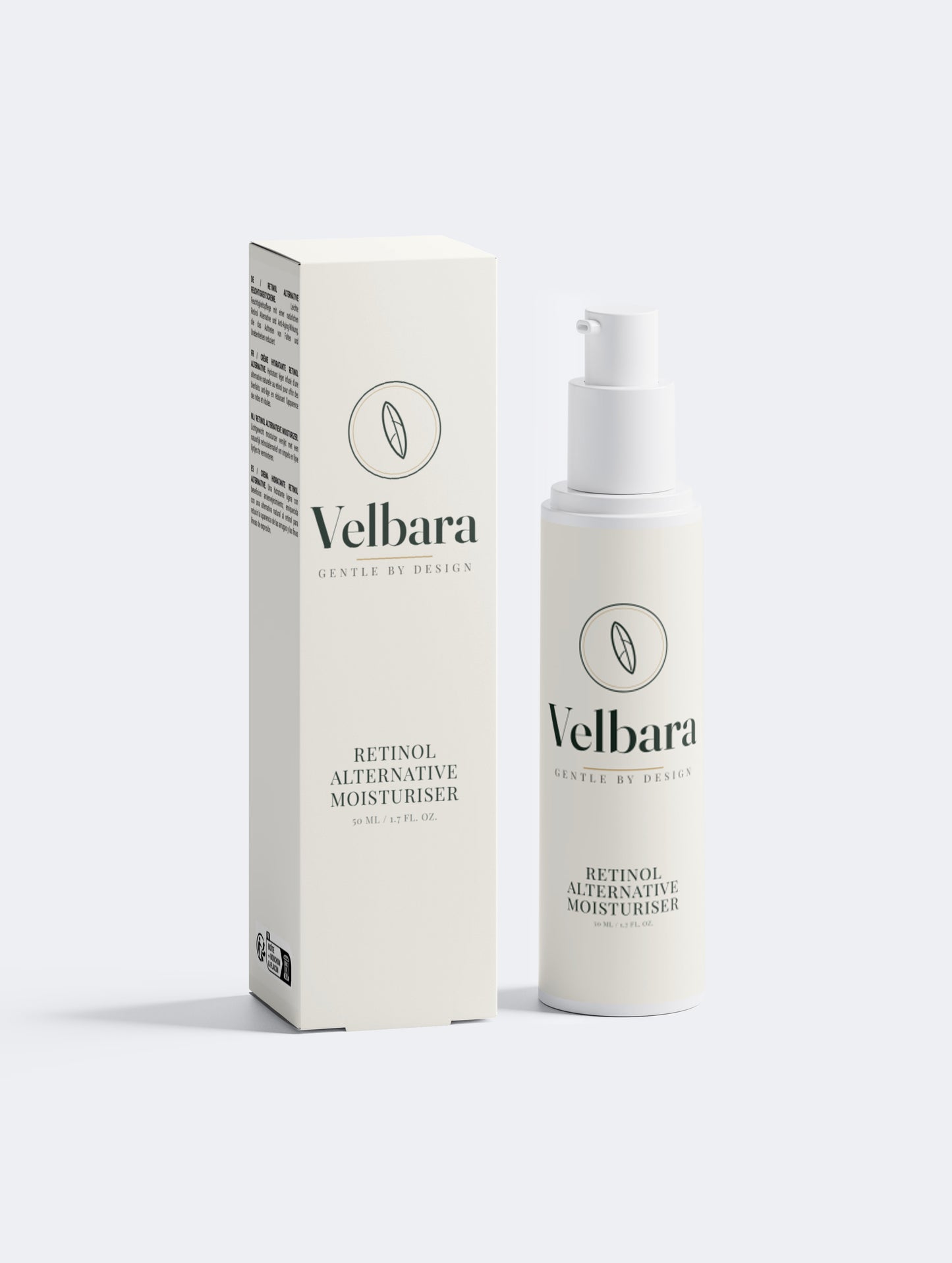 Velbara Retinol Alternative Moisturiser box and bottle side by side