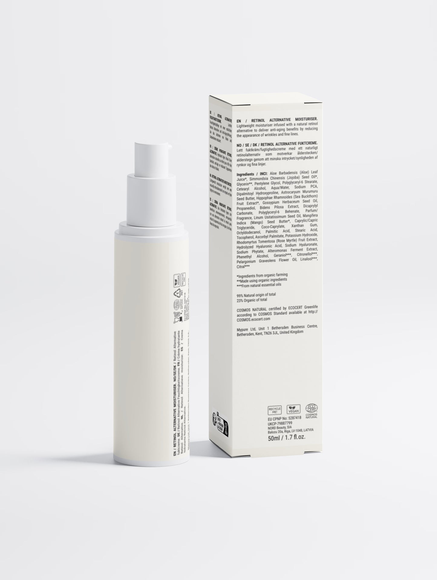 Velbara Retinol Alternative Moisturiser bottle side view next to the box, showing the full ingredient list