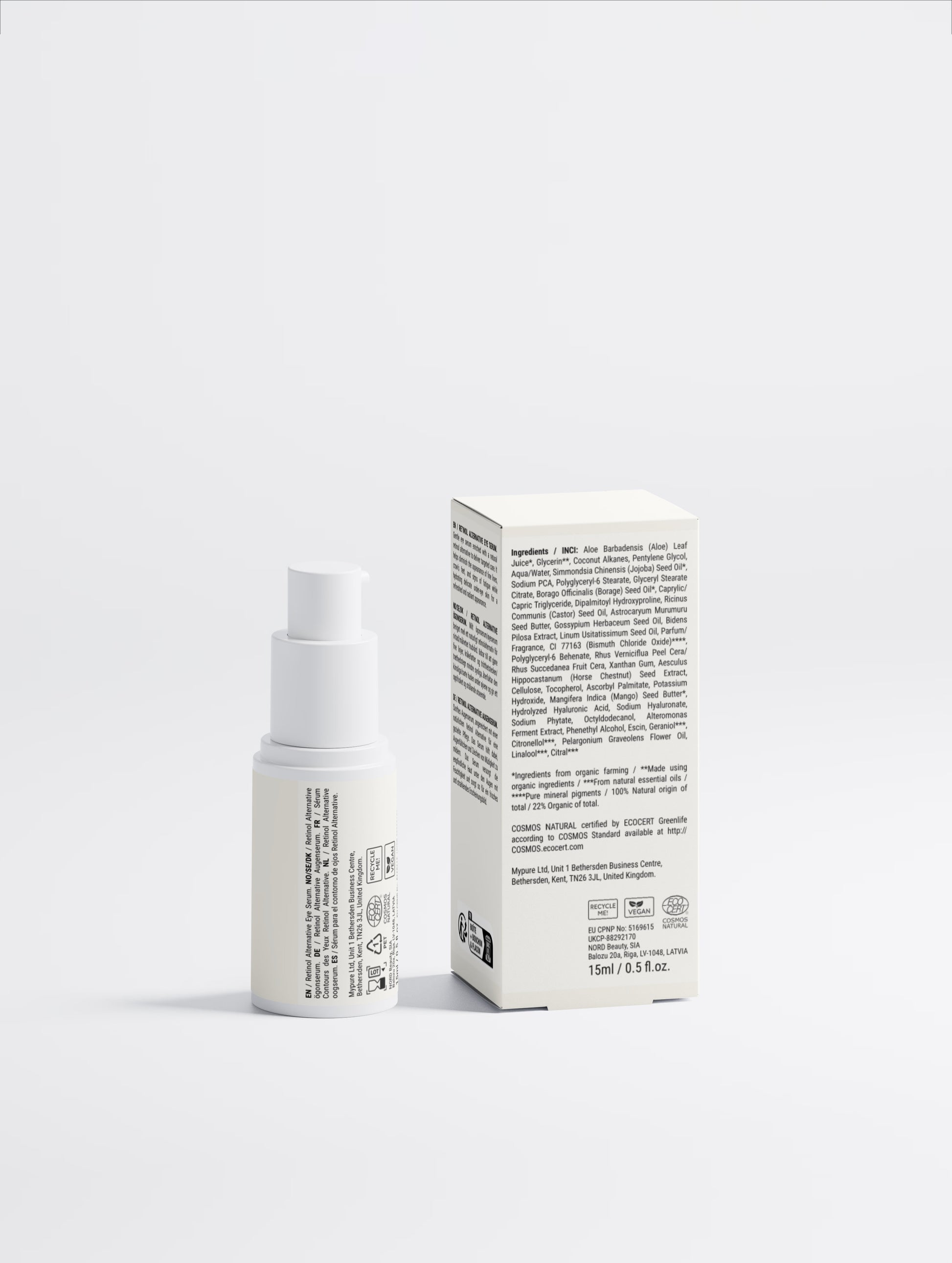 Velbara Retinol Alternative Eye Serum bottle side view next to the box, showing the full ingredient list